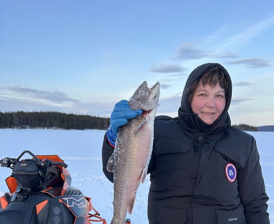 Vicki Hedderson, Shop Supervisor and Business Development Partner at Boreal Mining Equipment, ice fishing in Labrador